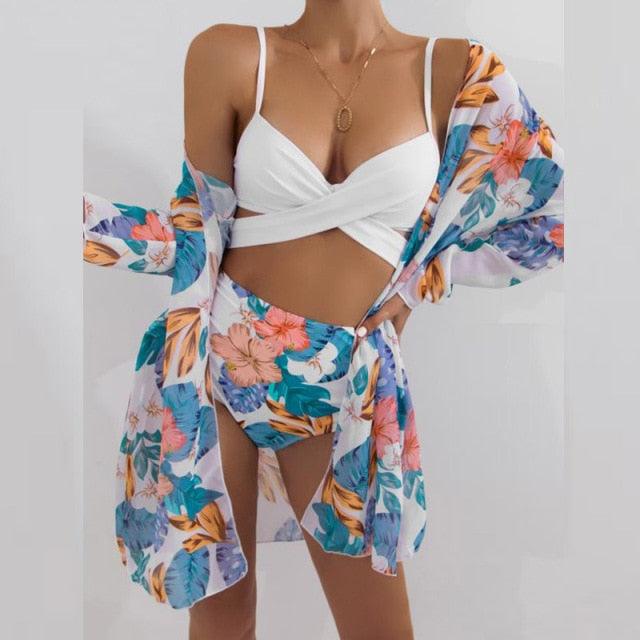 Summer Floral Print Bikini Swimsuit Women 3 Piece High-Waist Bikini Set Swimwear Female Push-Up Bathing Suit Tropical High Waist Wrap Swimsuit With Beach Cover Ups Soft And Breathable Summer Bikini Stevvex