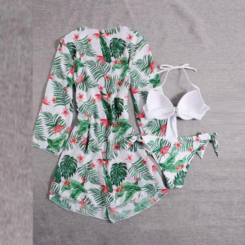 Summer Floral Print Bikini Swimsuit Women 3 Piece High-Waist Bikini Set Swimwear Female Push-Up Bathing Suit Tropical High Waist Wrap Swimsuit With Beach Cover Ups Soft And Breathable Summer Bikini Stevvex