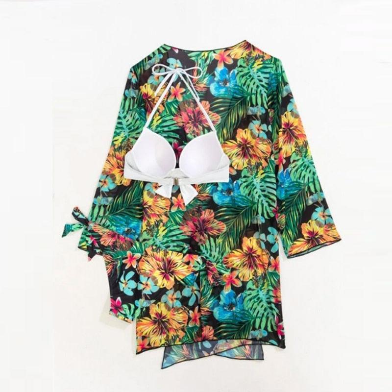 Summer Floral Print Bikini Swimsuit Women 3 Piece High-Waist Bikini Set Swimwear Female Push-Up Bathing Suit Tropical High Waist Wrap Swimsuit With Beach Cover Ups Soft And Breathable Summer Bikini Stevvex