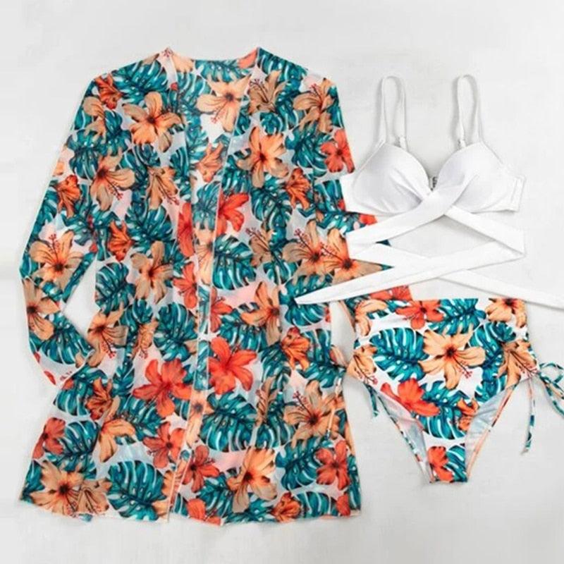 Summer Floral Print Bikini Swimsuit Women 3 Piece High-Waist Bikini Set Swimwear Female Push-Up Bathing Suit Tropical High Waist Wrap Swimsuit With Beach Cover Ups Soft And Breathable Summer Bikini Stevvex
