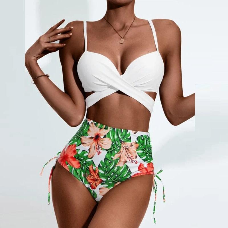 Summer Floral Print Bikini Swimsuit Women 3 Piece High-Waist Bikini Set Swimwear Female Push-Up Bathing Suit Tropical High Waist Wrap Swimsuit With Beach Cover Ups Soft And Breathable Summer Bikini Stevvex