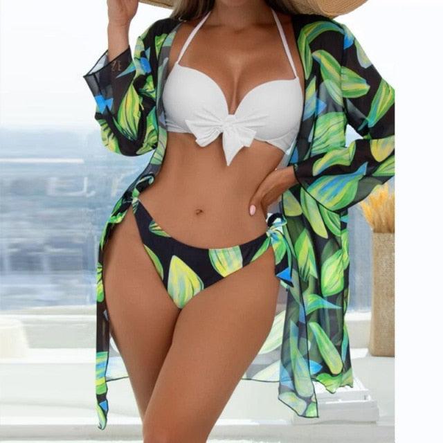 Summer Floral Print Bikini Swimsuit Women 3 Piece High-Waist Bikini Set Swimwear Female Push-Up Bathing Suit Tropical High Waist Wrap Swimsuit With Beach Cover Ups Soft And Breathable Summer Bikini Stevvex