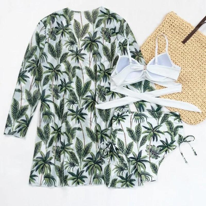 Summer Floral Print Bikini Swimsuit Women 3 Piece High-Waist Bikini Set Swimwear Female Push-Up Bathing Suit Tropical High Waist Wrap Swimsuit With Beach Cover Ups Soft And Breathable Summer Bikini Stevvex