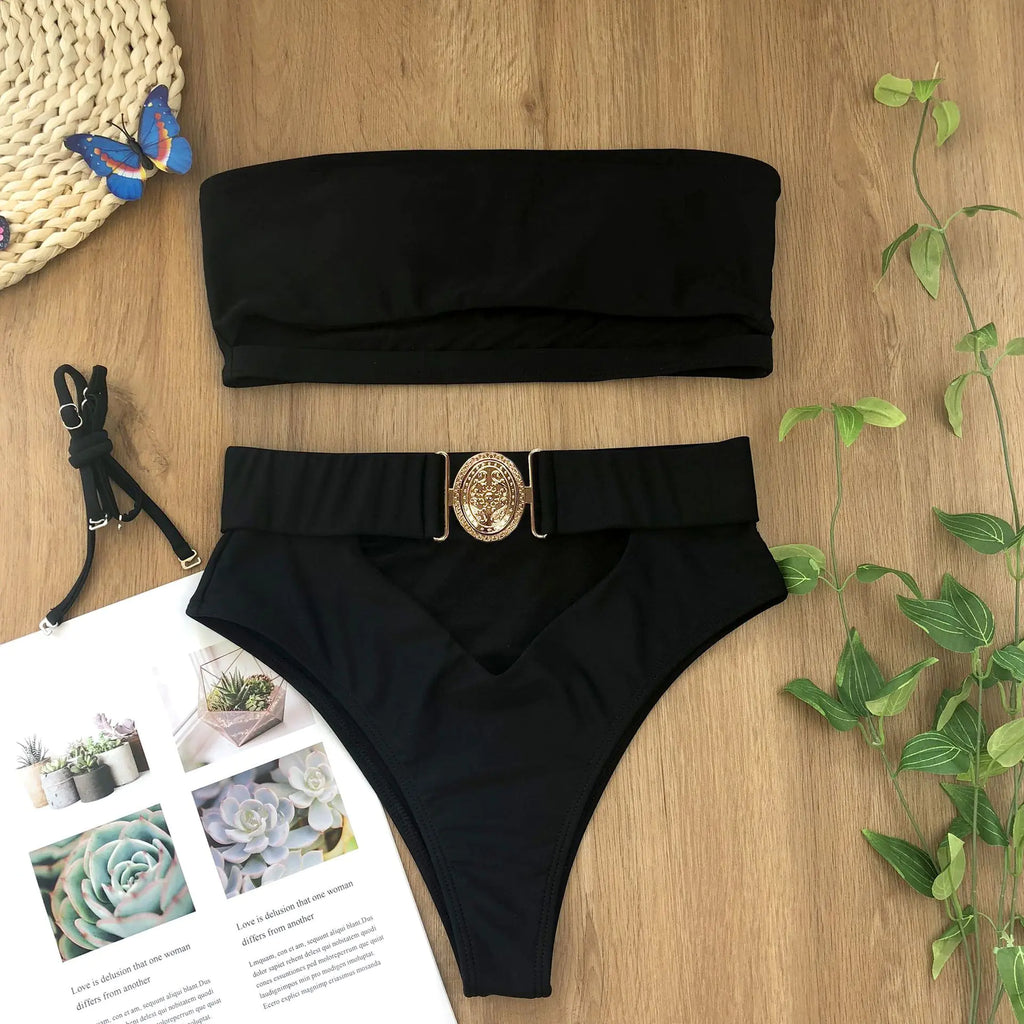 Chic Metal Buckle Strapless Bikini Swimsuit for Women Trendy Attic Store01