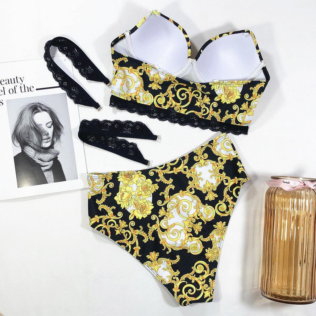 Vintage Black Print Women's Bikini Set Women's Halter Beautiful Print High Waist Swimsuit Bathing Suits Bikini Set Lace Strappy Padded Bra High Waist Bottoms Swimsuit Fashion Female Beachwear Luxury Swimwear Stevvex