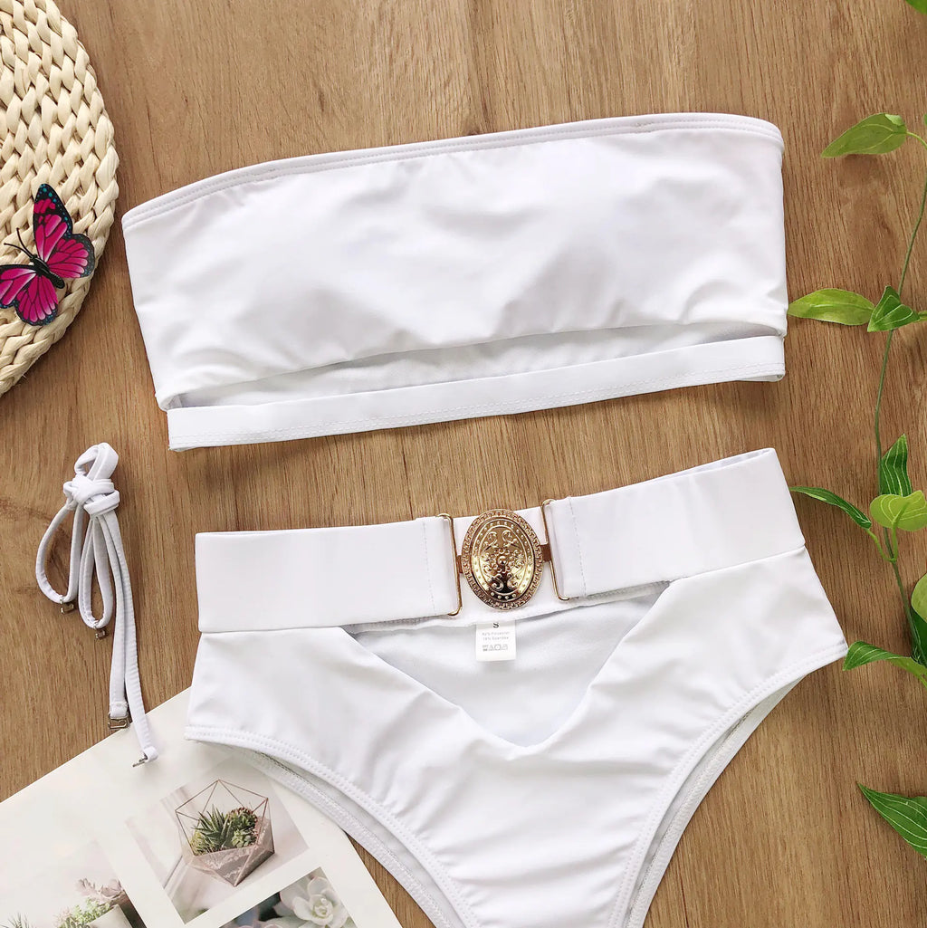 Chic Metal Buckle Strapless Bikini Swimsuit for Women Trendy Attic Store01