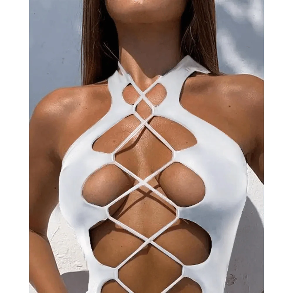 White One Piece Women Fashion Lace-up Plunge Swimsuit Sleeveless Solid Swimwear For Girls Stevvex