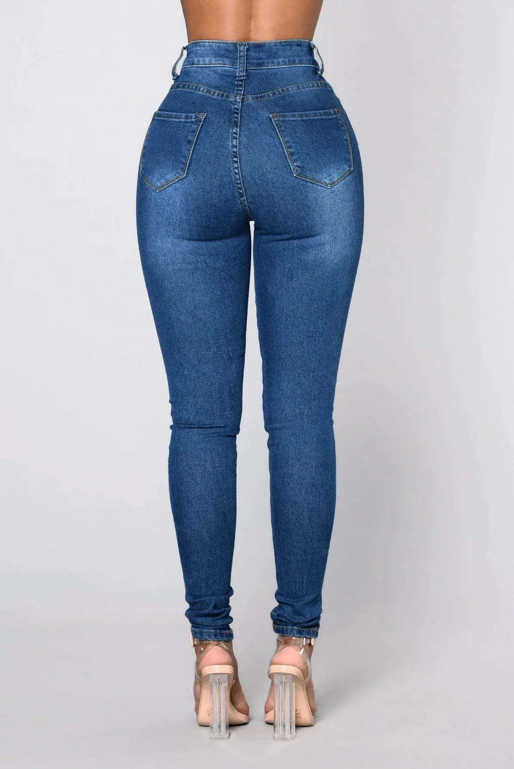 Women High Waist Stretch Hip Lift Denim Skinny Pants Jeans Full Length Sexy Slim Bleachded Solid Color Pants MANDOTOS
