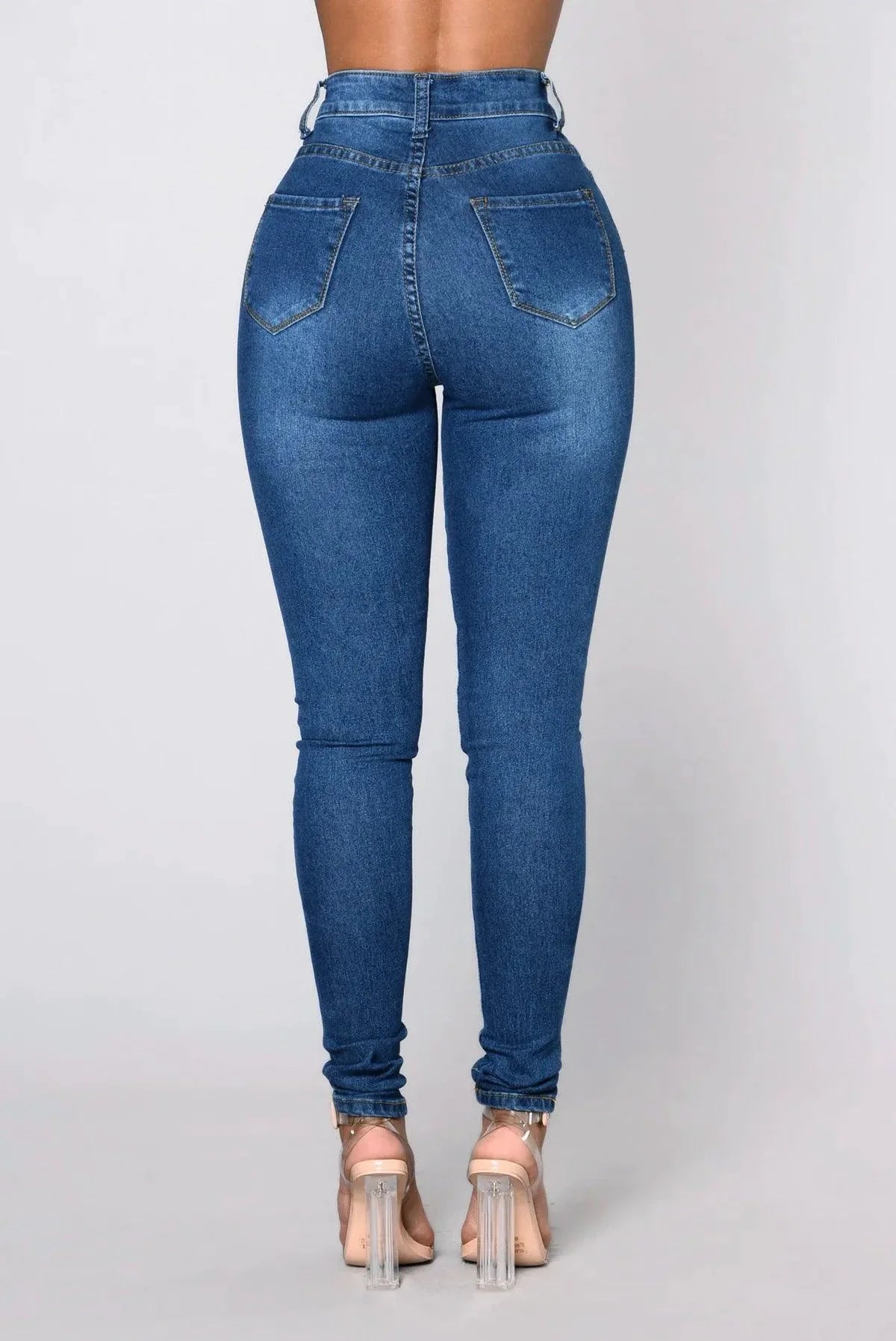 Women High Waist Stretch Hip Lift Denim Skinny Pants Jeans Full Length Sexy Slim Bleachded Solid Color Pants MANDOTOS
