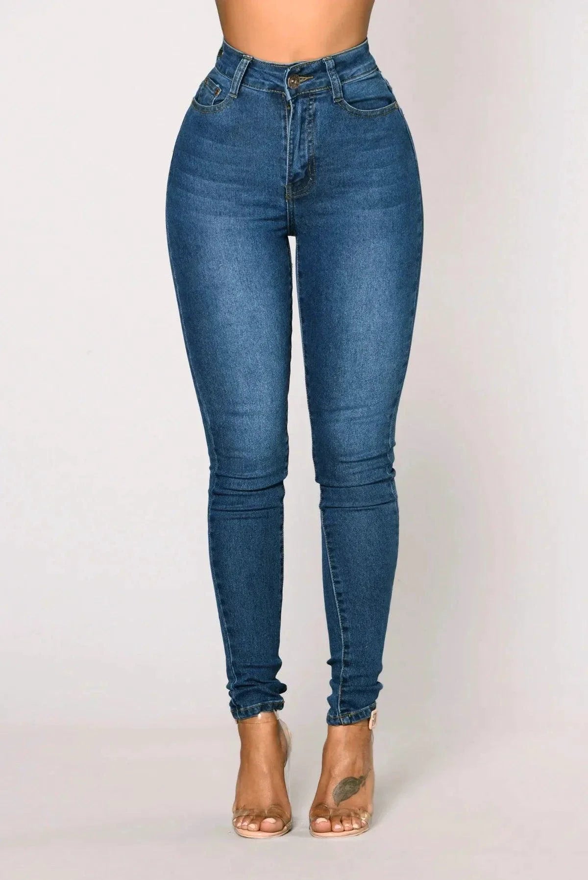Women High Waist Stretch Hip Lift Denim Skinny Pants Jeans Full Length Sexy Slim Bleachded Solid Color Pants MANDOTOS