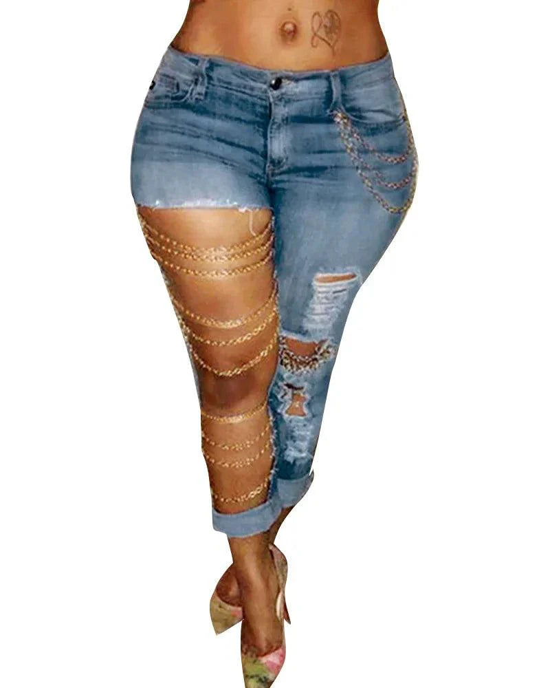 Women Jeans Pencil Pants Denim Sexy Big Holes Chain Washing Slim Pockets Streetwear Spring 2024 Slight Strech Solid Color MANDOTOS