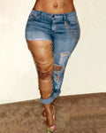 Women Jeans Pencil Pants Denim Sexy Big Holes Chain Washing Slim Pockets Streetwear Spring 2024 Slight Strech Solid Color MANDOTOS