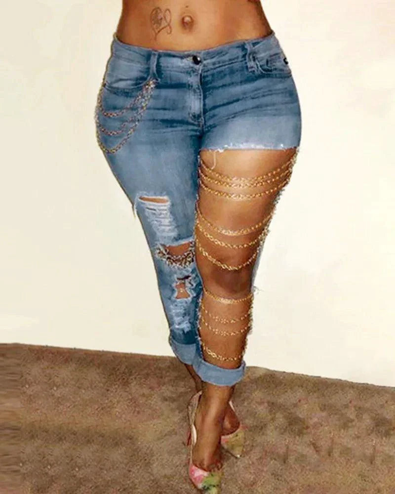 Women Jeans Pencil Pants Denim Sexy Big Holes Chain Washing Slim Pockets Streetwear Spring 2024 Slight Strech Solid Color MANDOTOS