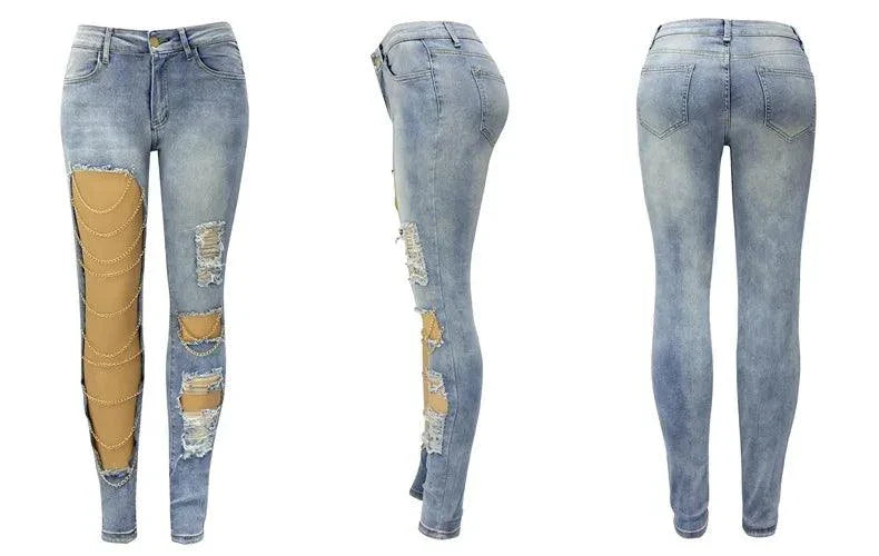 Women Jeans Pencil Pants Denim Sexy Big Holes Chain Washing Slim Pockets Streetwear Spring 2024 Slight Strech Solid Color MANDOTOS