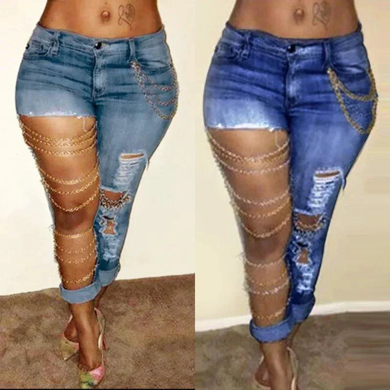 Women Jeans Pencil Pants Denim Sexy Big Holes Chain Washing Slim Pockets Streetwear Spring 2024 Slight Strech Solid Color MANDOTOS
