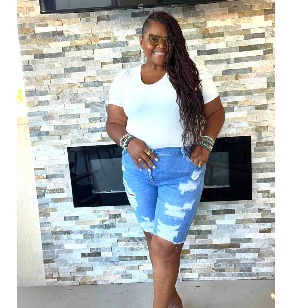 Women's Plus Size Frayed Light Wash Bermuda Shorts Fabulously Dressed Boutique