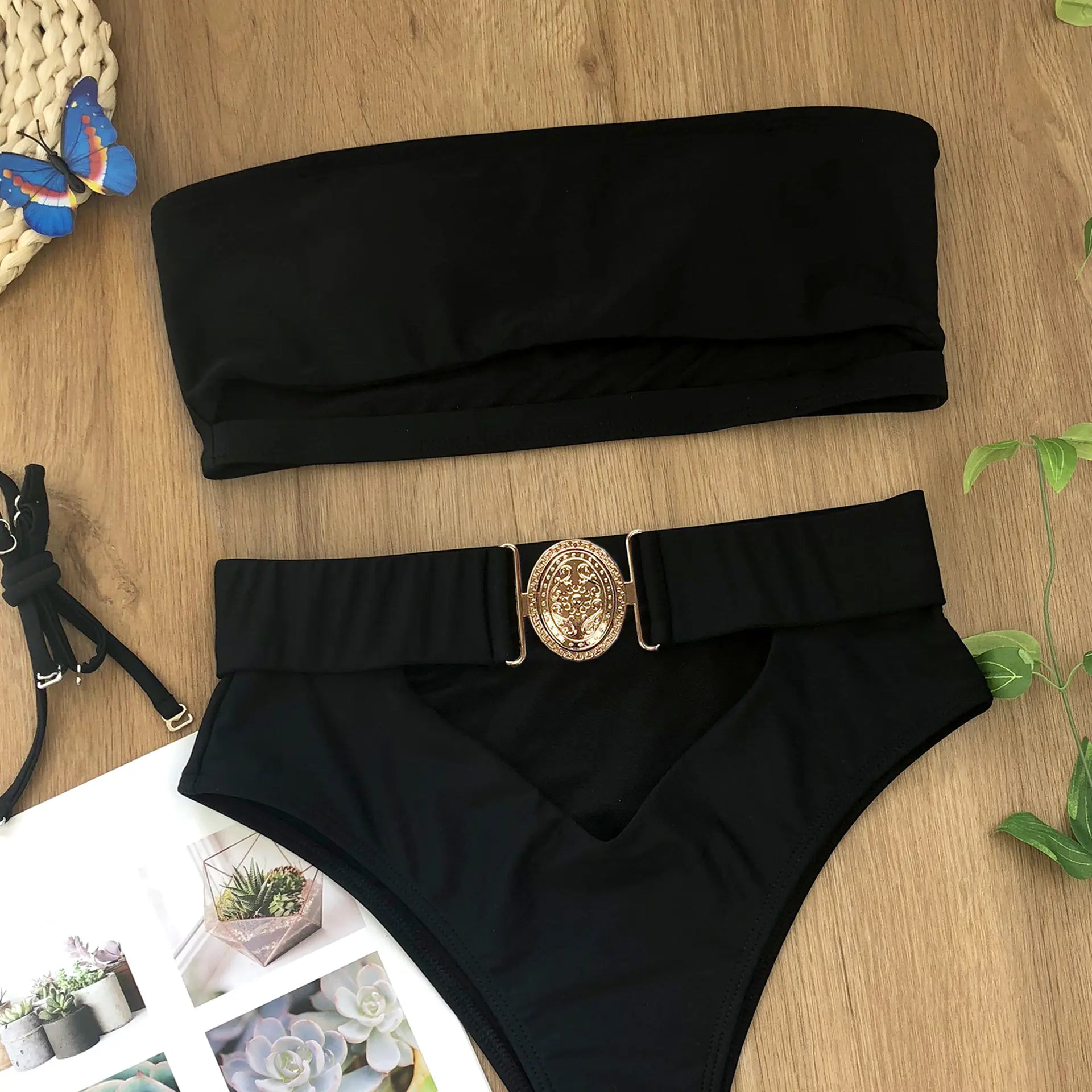 Chic Metal Buckle Strapless Bikini Swimsuit for Women Trendy Attic Store01